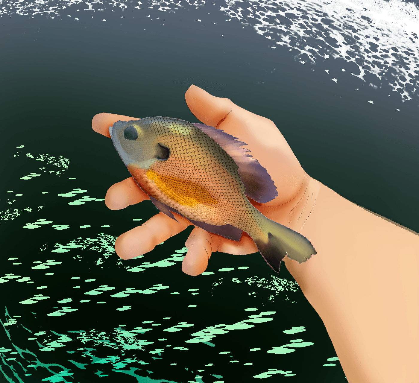 Illustration of a hand holding a fish over water