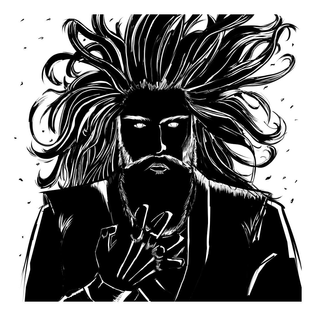 Ink portrait of Gim, a bearded character with flowing hair