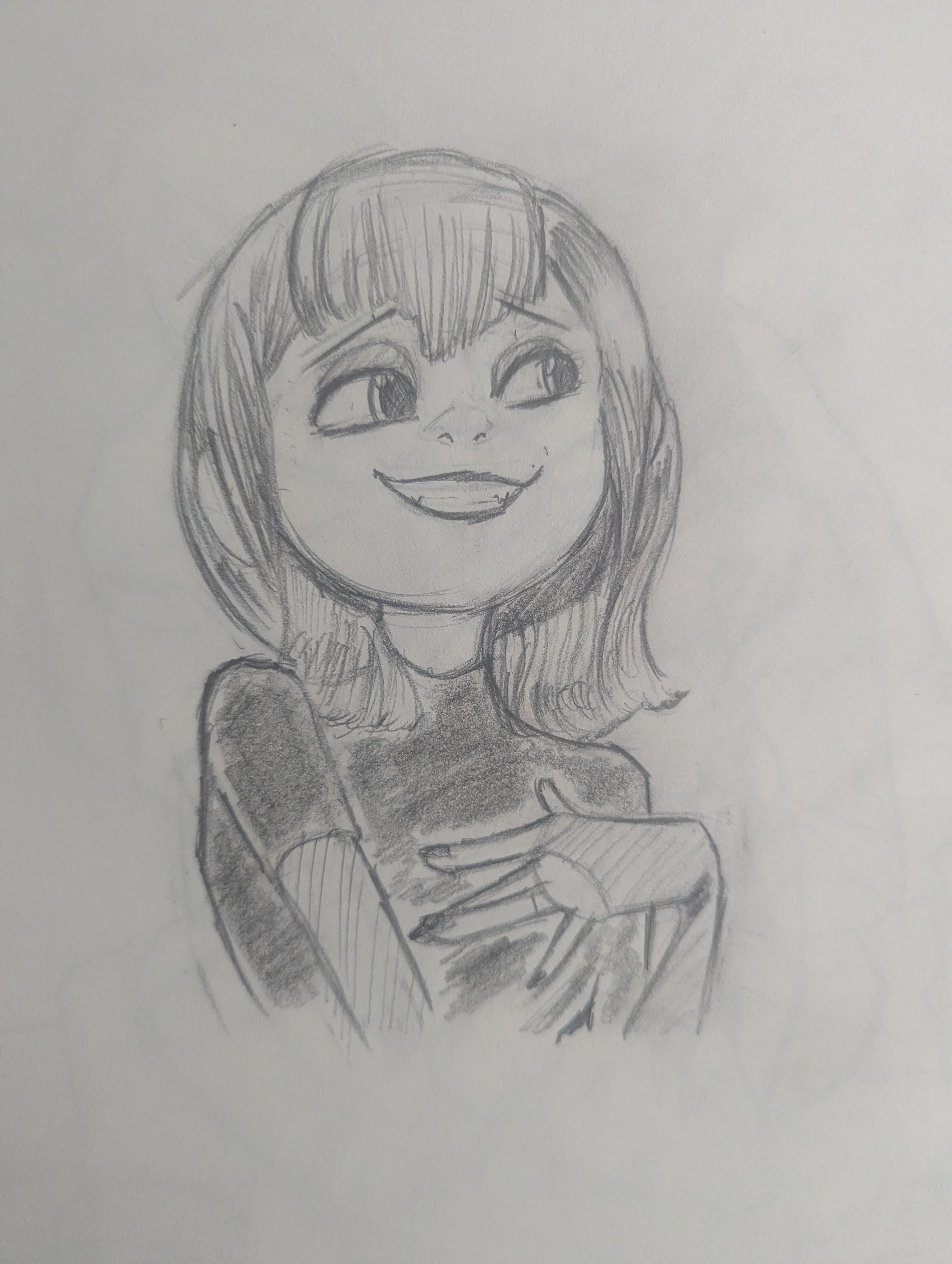 Pencil sketch of a smiling character named Mavis