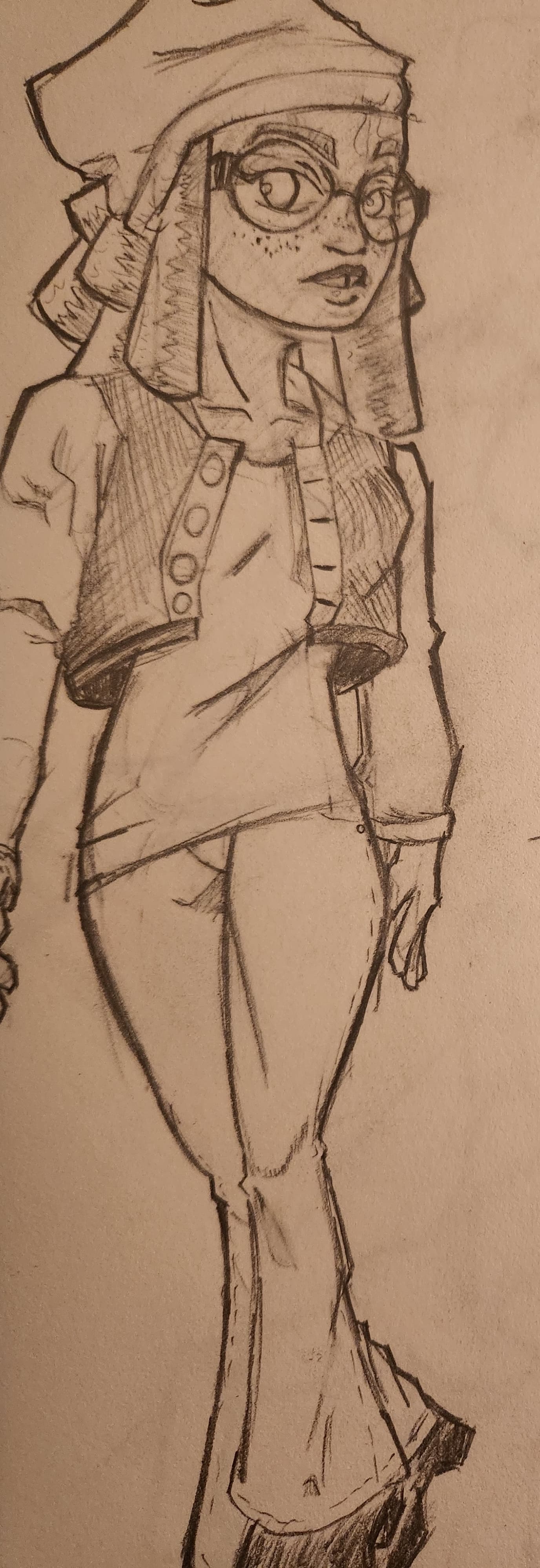 Pencil sketch of a Polynesian character with glasses and a headwrap