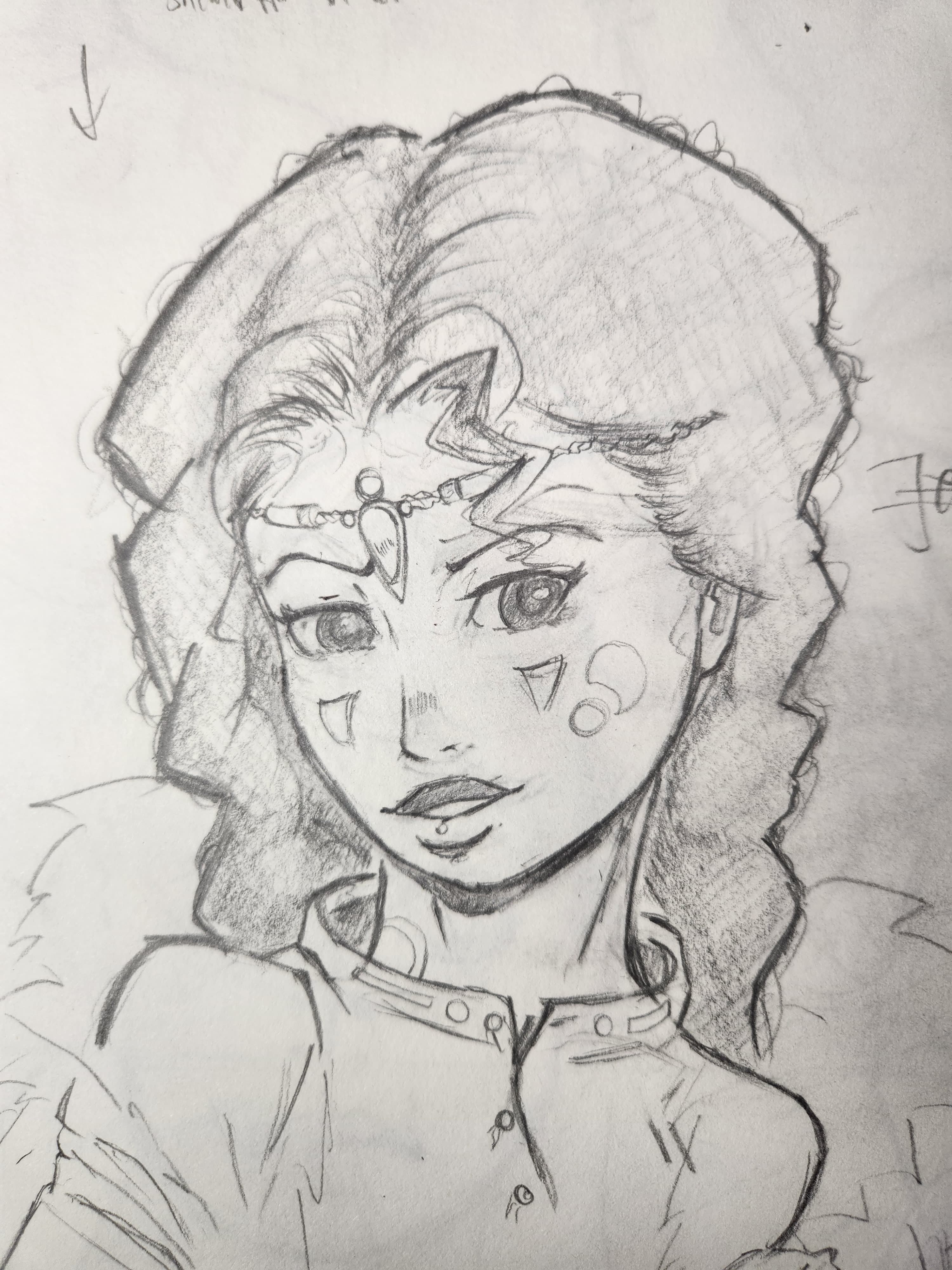 Pencil sketch of a character named Rikia wearing an ornate headpiece